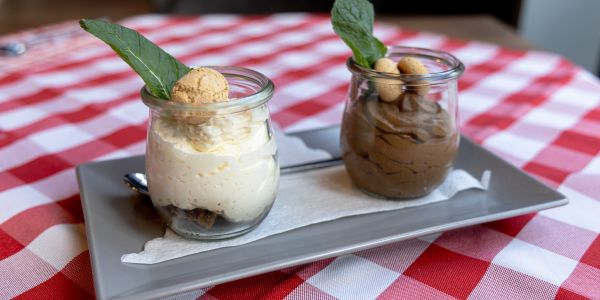 Zwei kleine Gläser mit Dessert auf einem grauen rechteckigen Teller. Ein Glas enthält eine weiße Creme, das andere eine braune Schokoladencreme. Beide sind mit Minzblatt und kleinen Keksen garniert. Auf rot-weiß karierter Tischdecke.